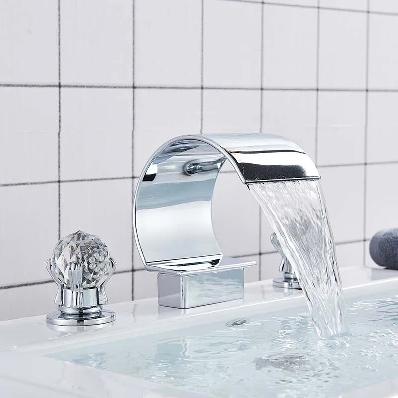 Rozin Waterfall Basin Faucet Dual Crystal Handle Deck Mounted Mixer