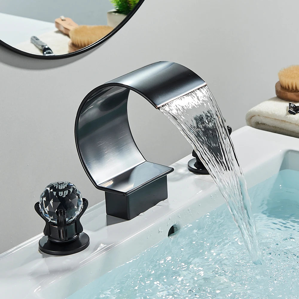 Rozin Waterfall Basin Faucet Dual Crystal Handle Deck Mounted Mixer