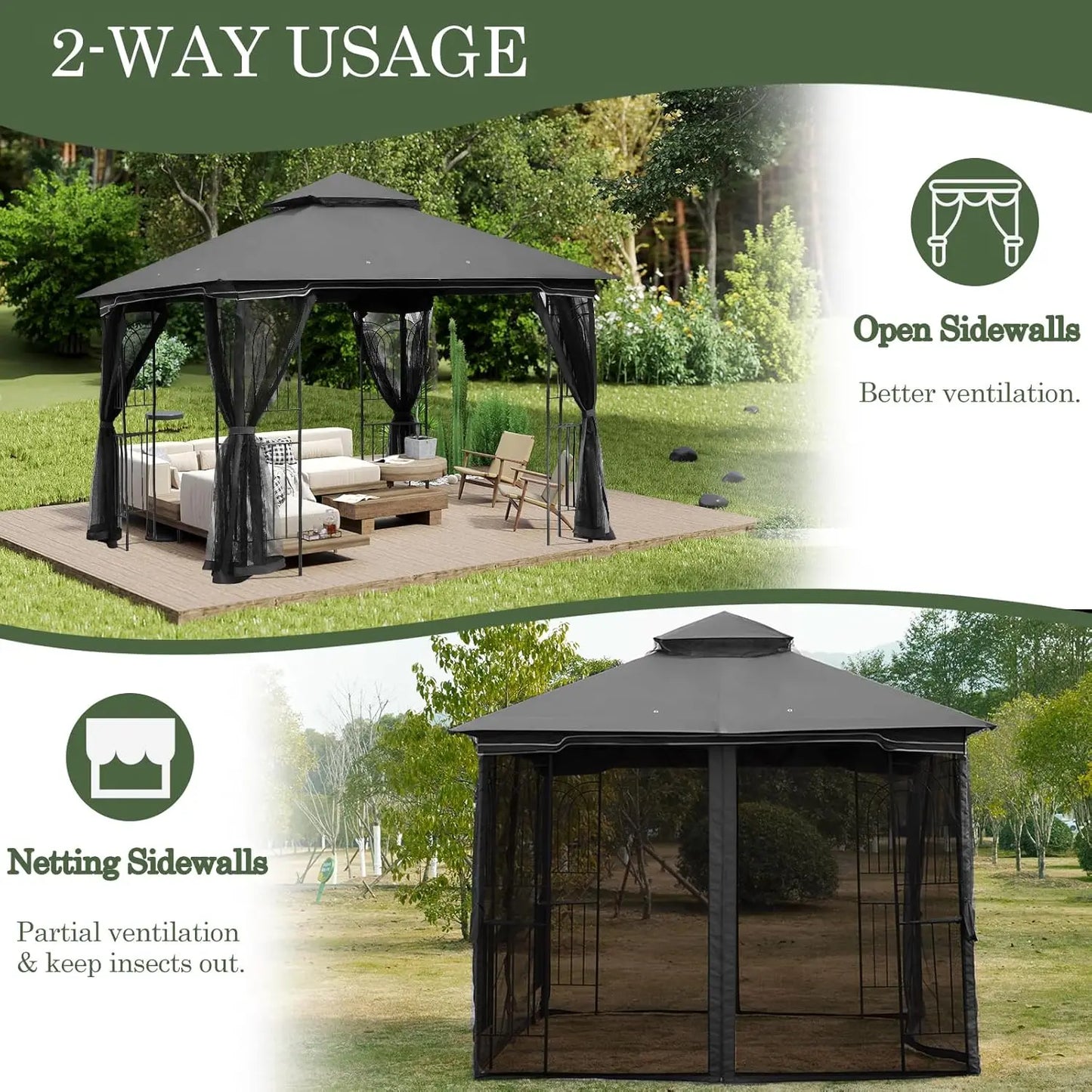 Outdoor Gazebo Heavy Duty Canopy Tent With Double Roofs