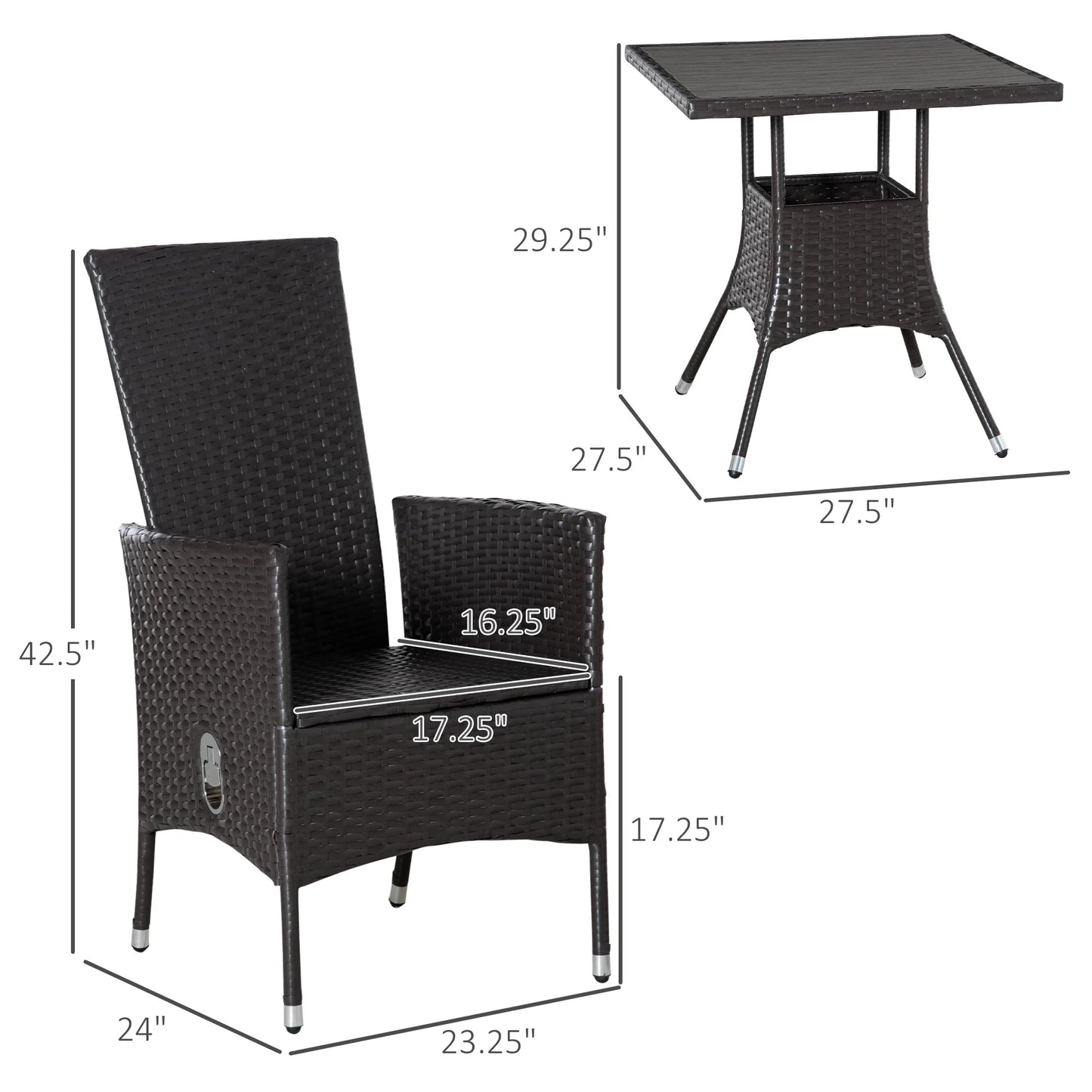 Outdoor 3 Piece Patio Reclining Chair Set Rattan Wicker With Table