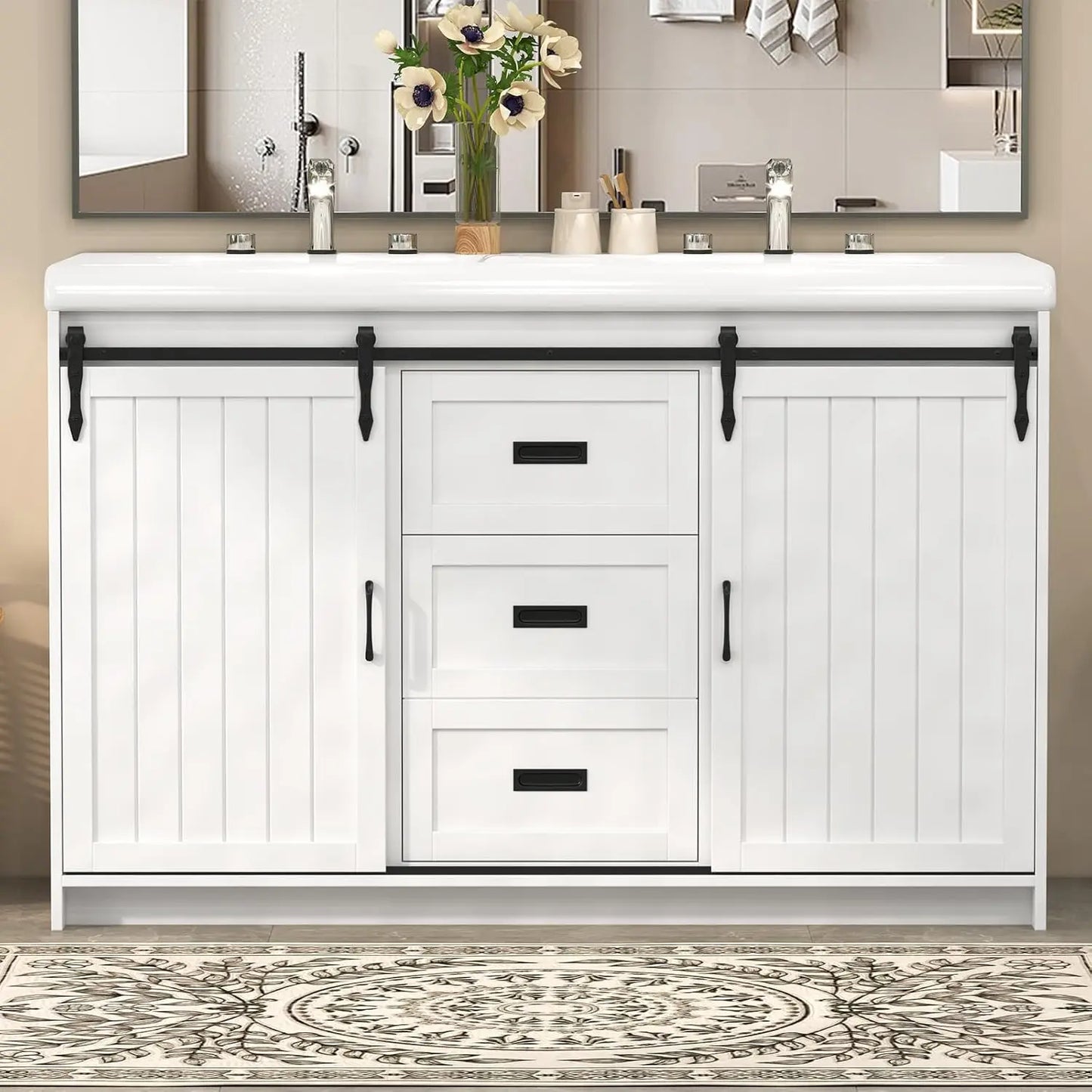 Double Sink Freestanding Bathroom Vanity With Barn Sliding Doors