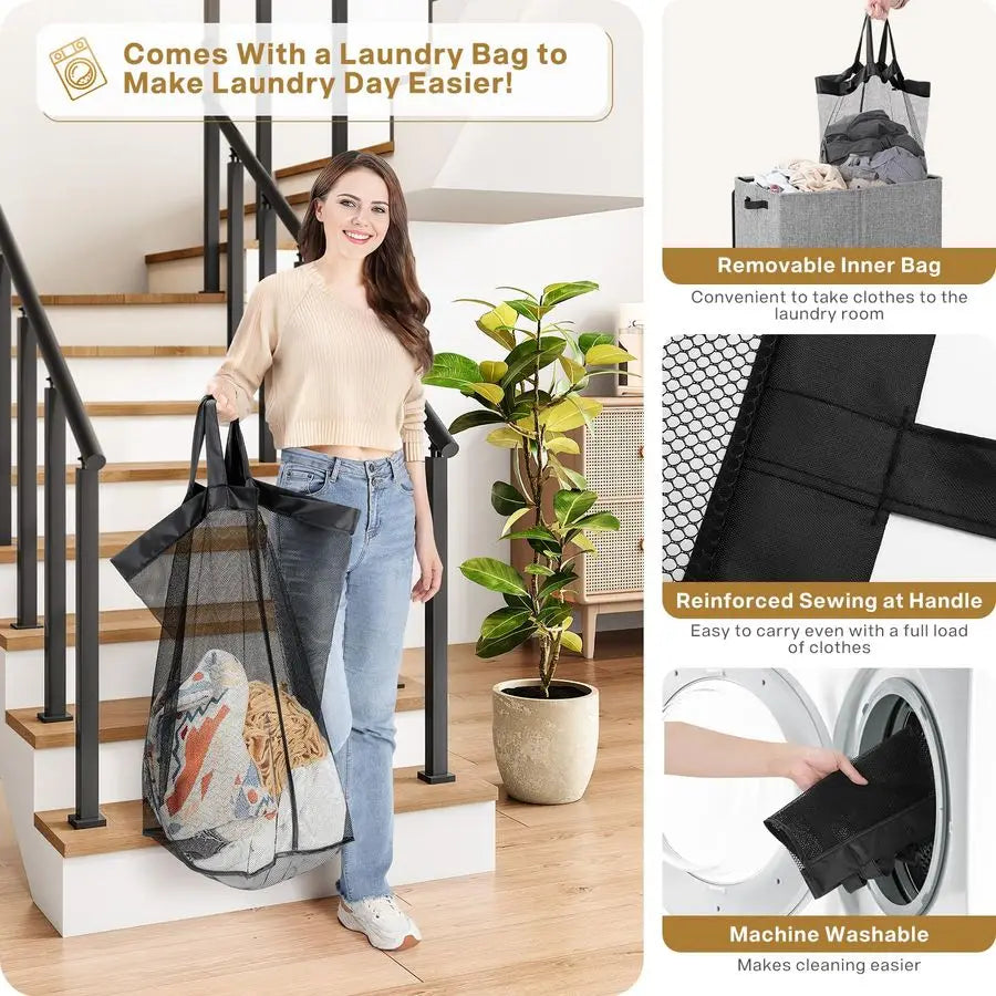 Double Laundry Hamper With Lid And Removable Bag Collapsible