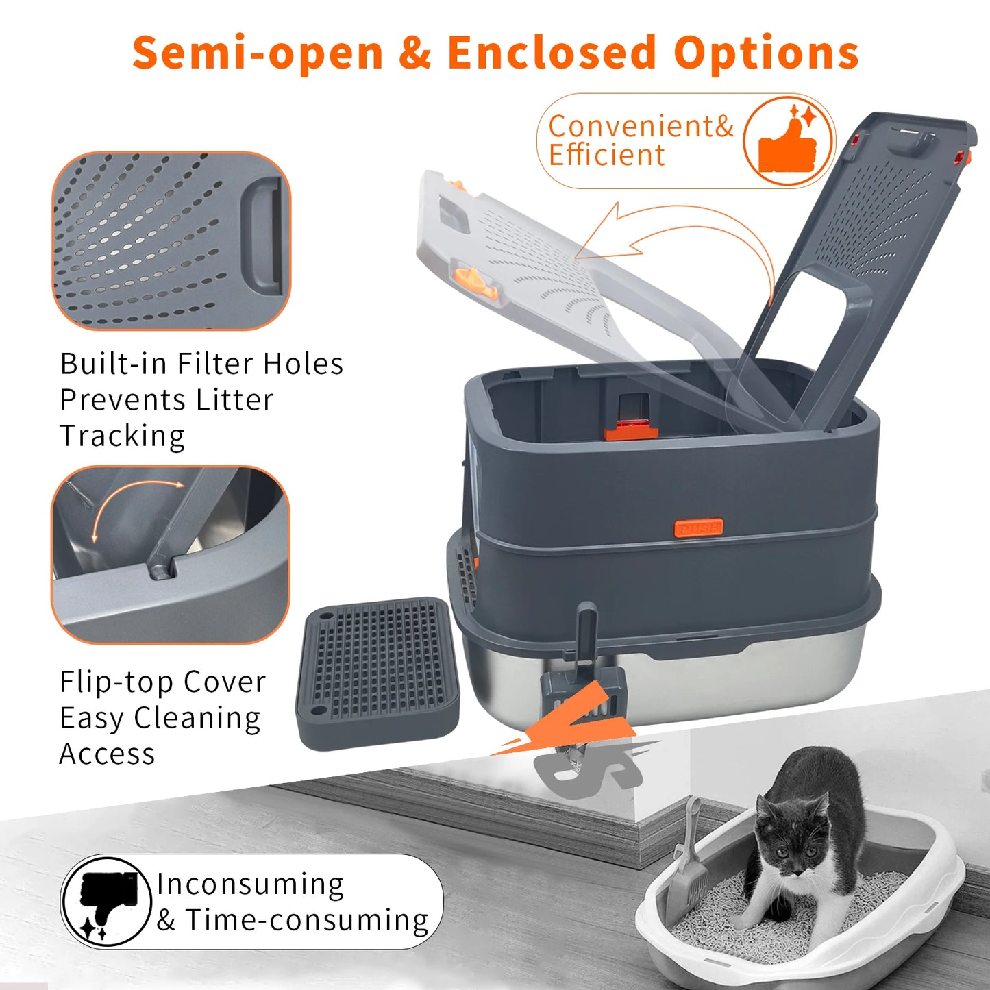 Stainless Steel Cat Litter Box Enclosed Tray With Removable Lid Scoop