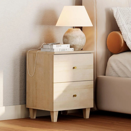 Nightstands With Charging Station and Two Drawers Modern Farmhouse Wood