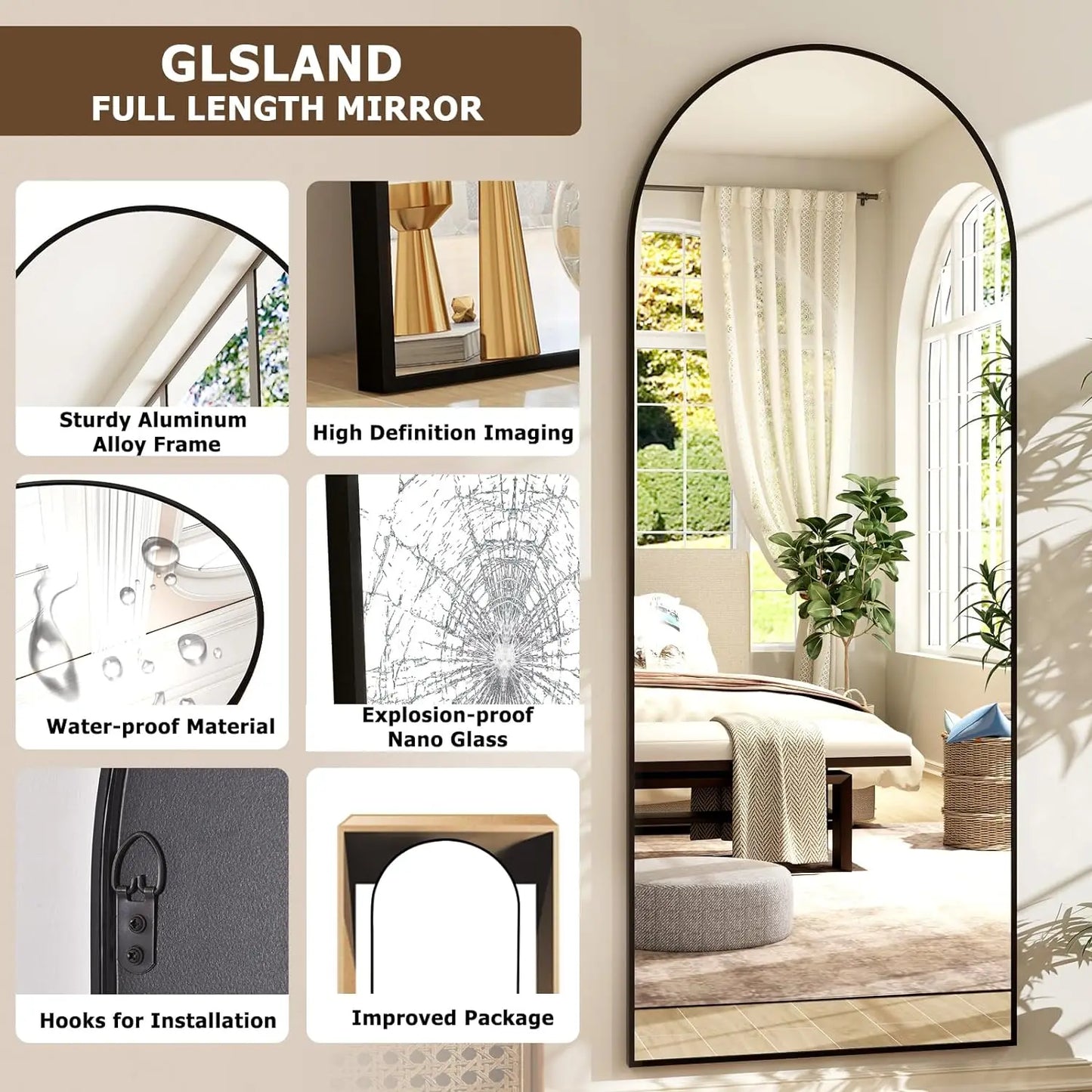 BEAUTYPEAK Arched Mirror With Aluminum Frame For Home Use