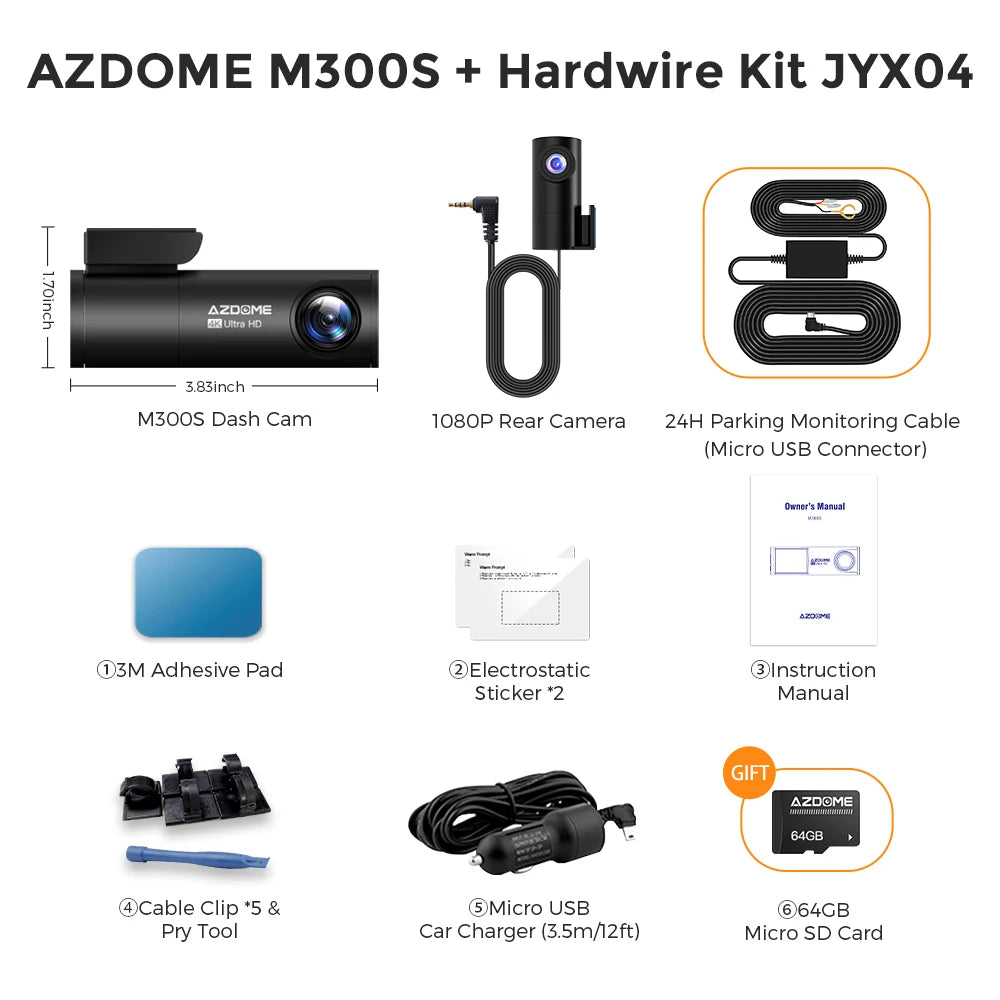 AZDOME M300S 4K Dash Cam Front Rear Night-Vision GPS WiFi
