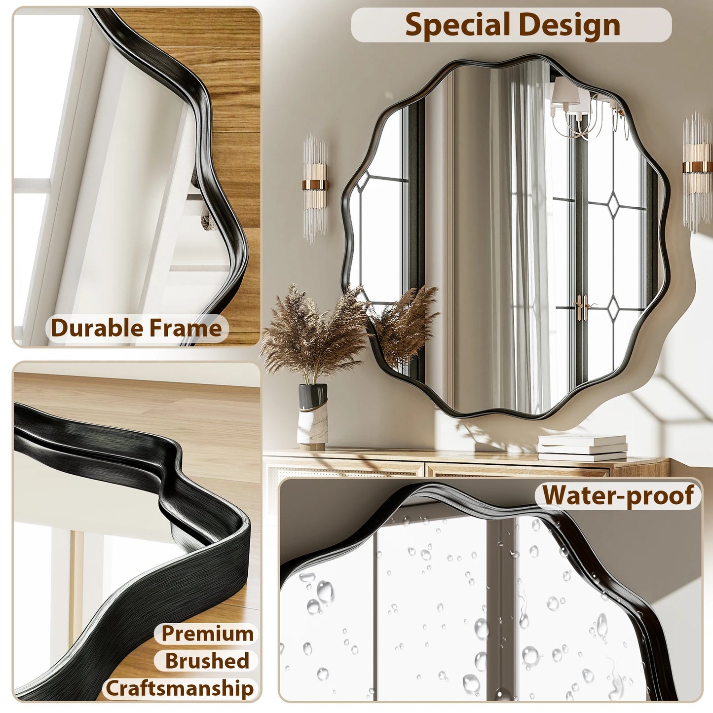 BEAUTYPEAK Wavy Round Bathroom Mirror Decorative With Deep Frame