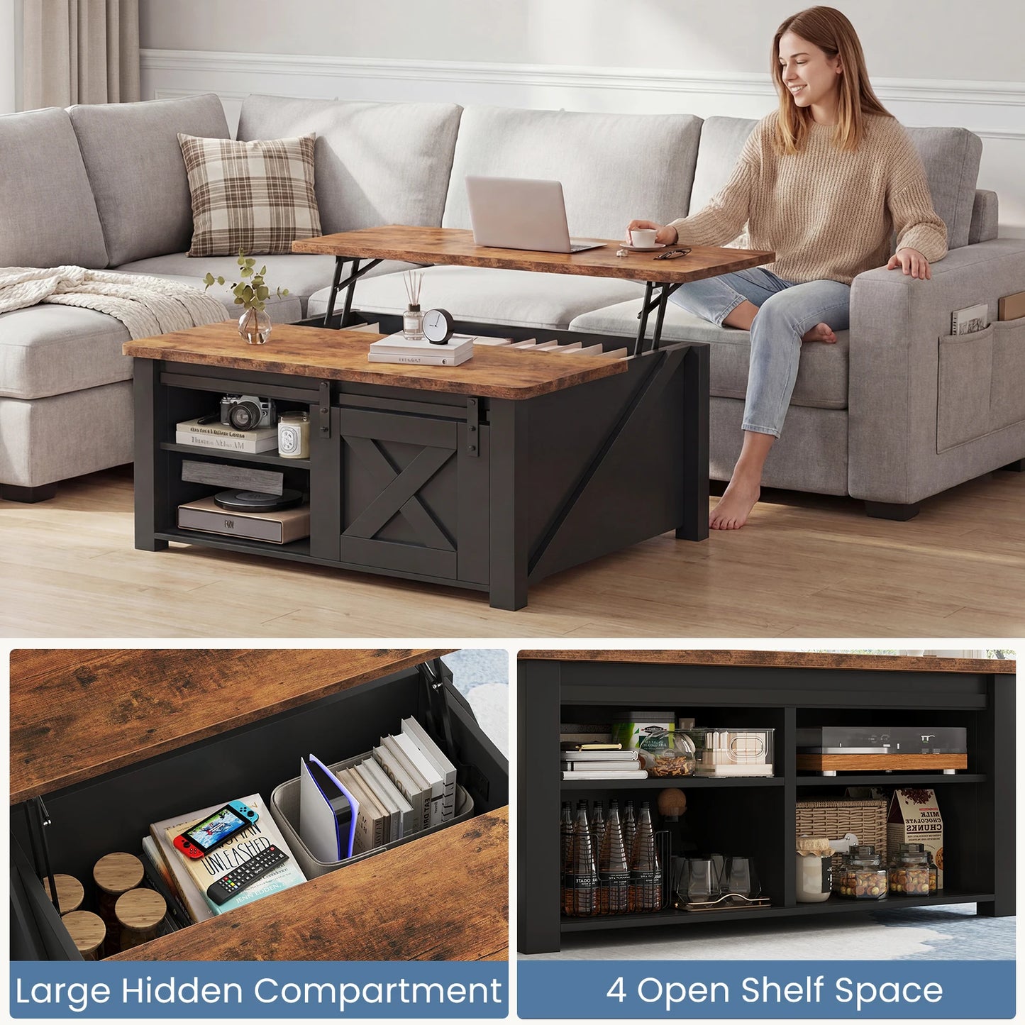 MCQ Lift-Top Wood Coffee Table With Adjustable Storage