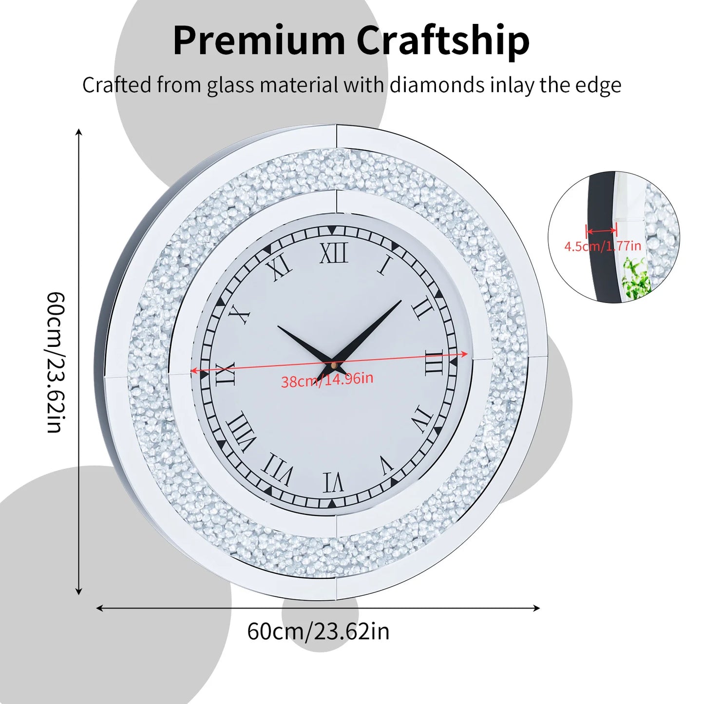 Mirrored Wall Clock With Crystal Sparkle Dial Living Room