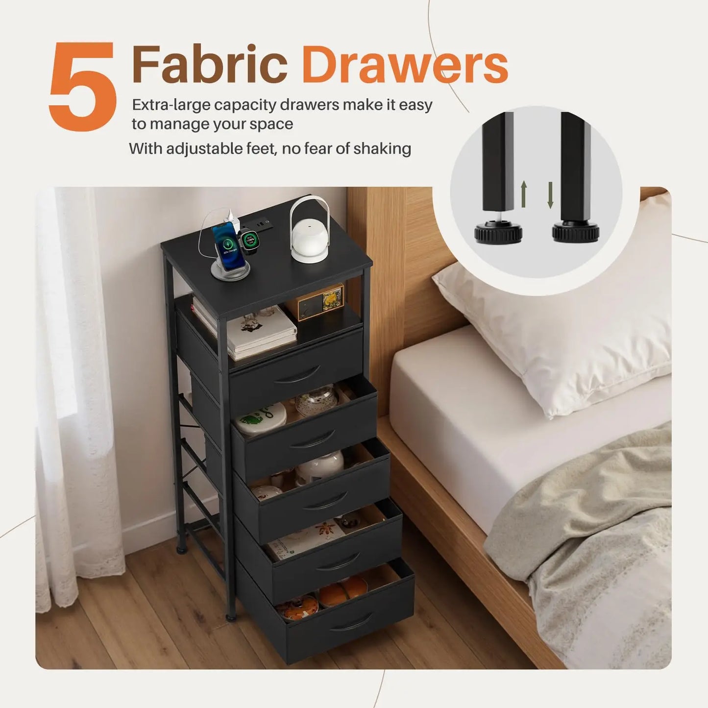 JHK 5-Drawer Dresser Nightstand With USB Charging Station