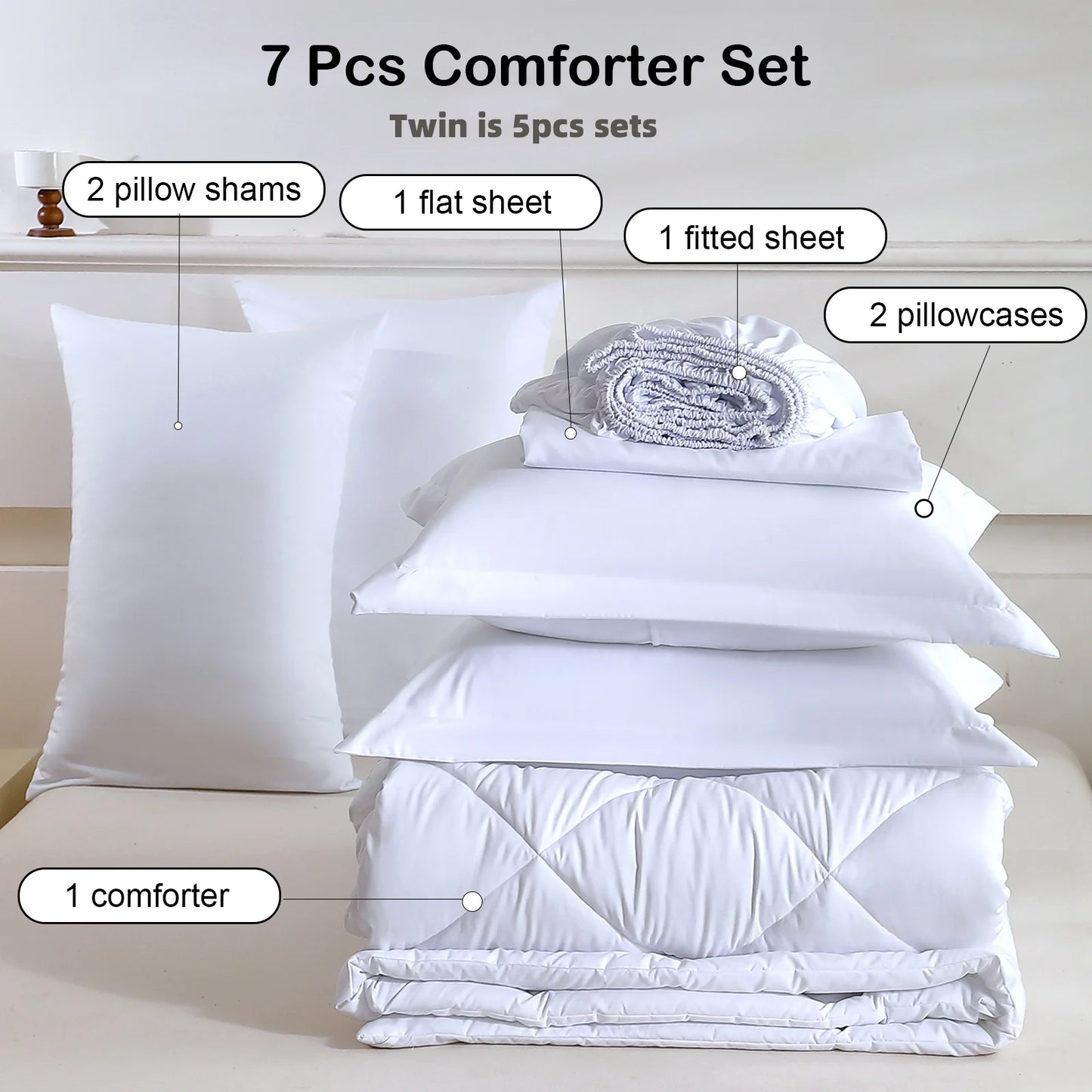 EasYum 7 Piece Bedding Set Comforter Flat Fitted Sheet Pillowcase