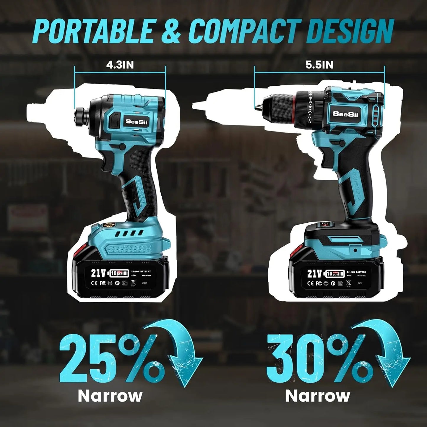 Seesii 21V Max Cordless Drill and Brushless Impact Wrench