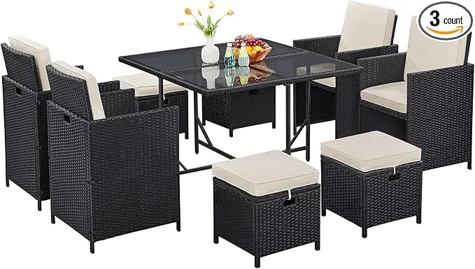 9 Piece Patio Dining Set Outdoor Rattan Chairs With Glass Table