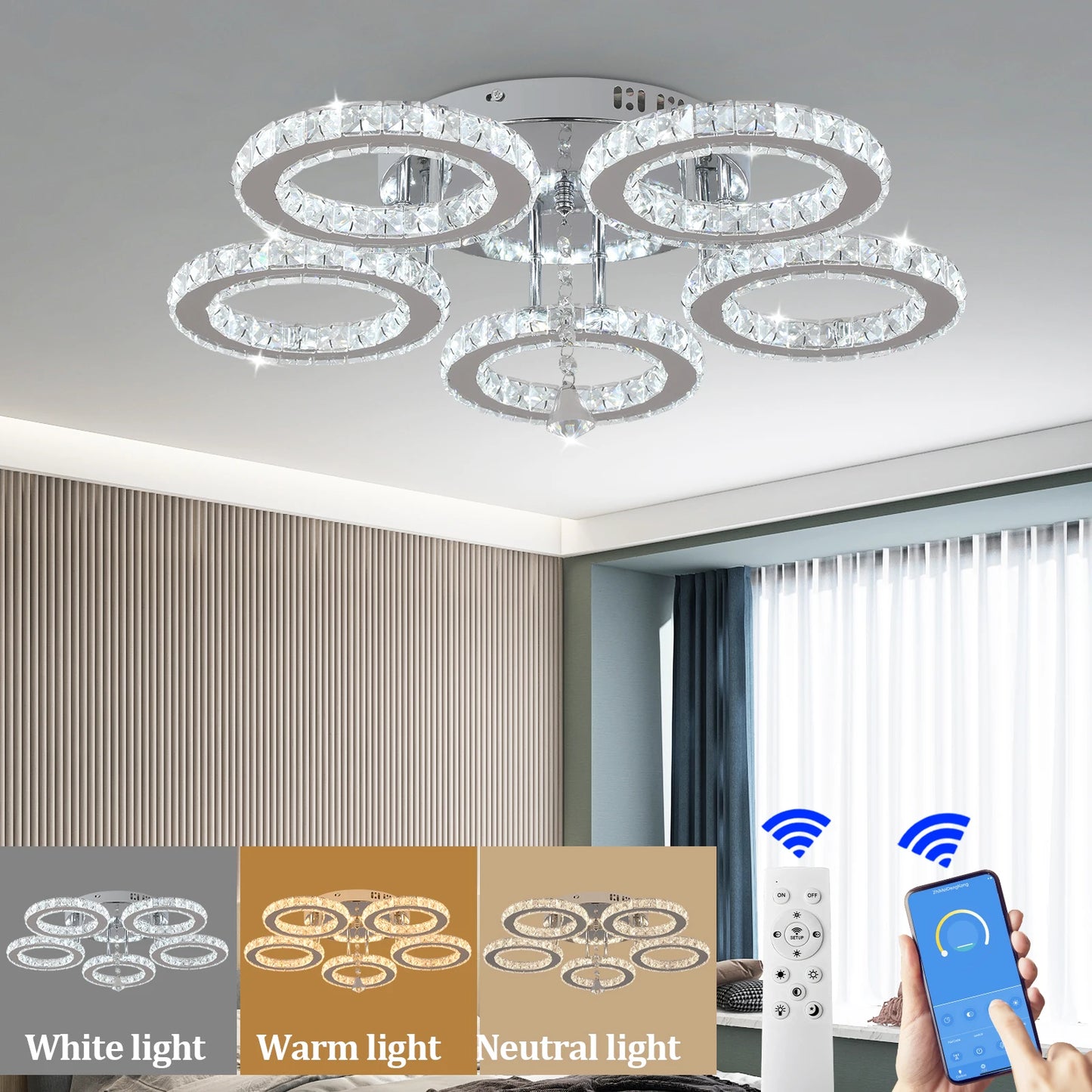 Crystal LED Ceiling Lamp With Remote Control Pendant Chandelier