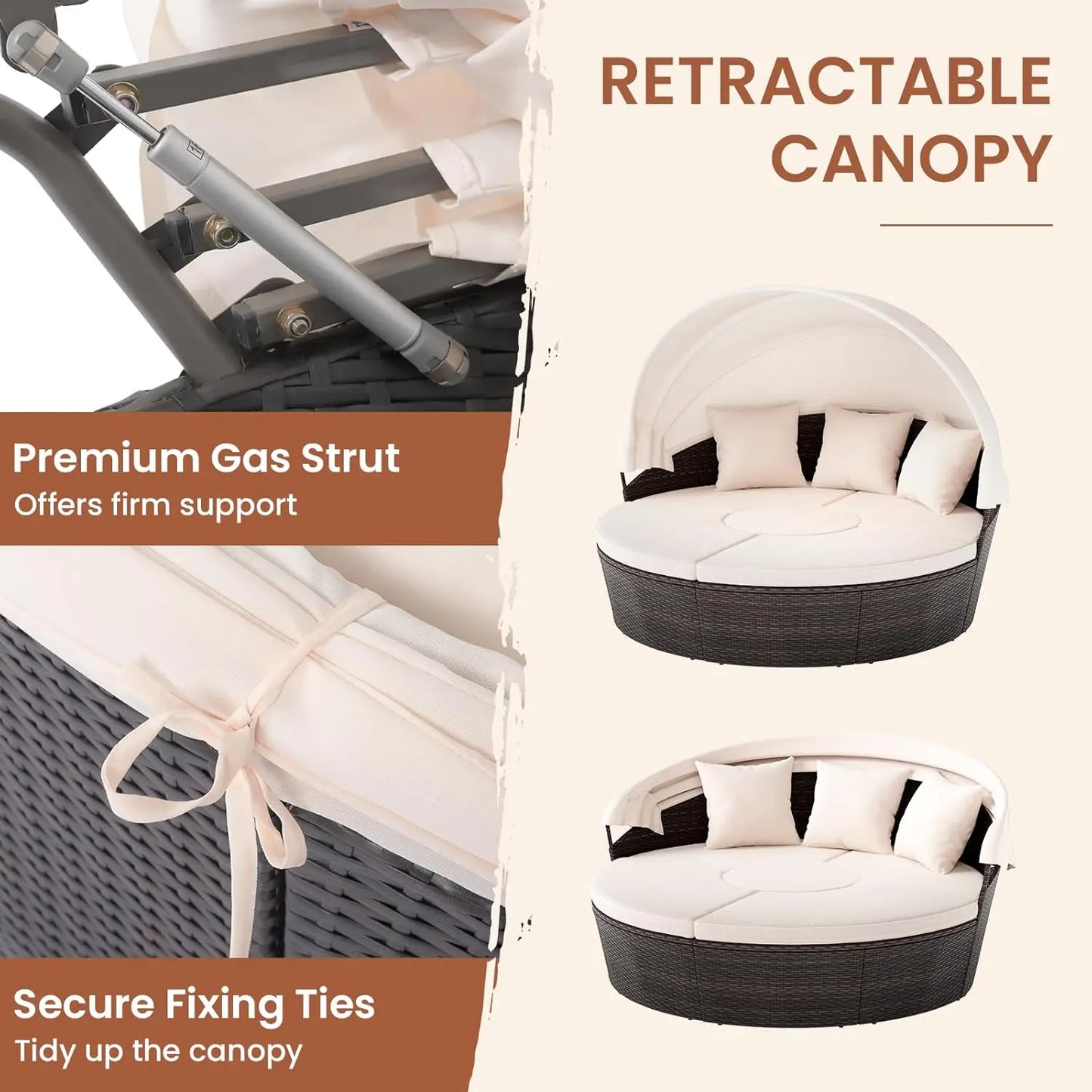 Patio Round Daybed With Retractable Canopy And Center Table