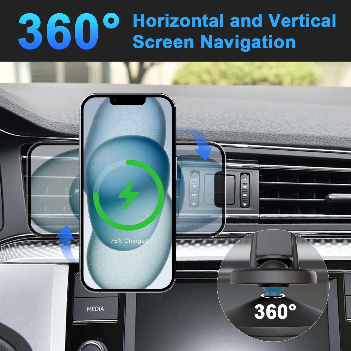 Magnetic Car Wireless Charger Mount 15W 360 Degree Adjustable