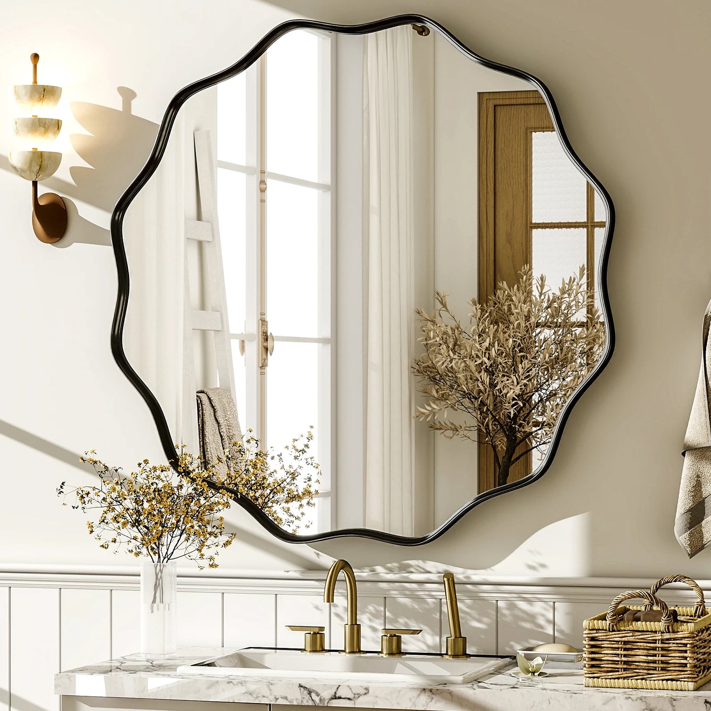 BEAUTYPEAK Wavy Round Bathroom Mirror Decorative With Deep Frame