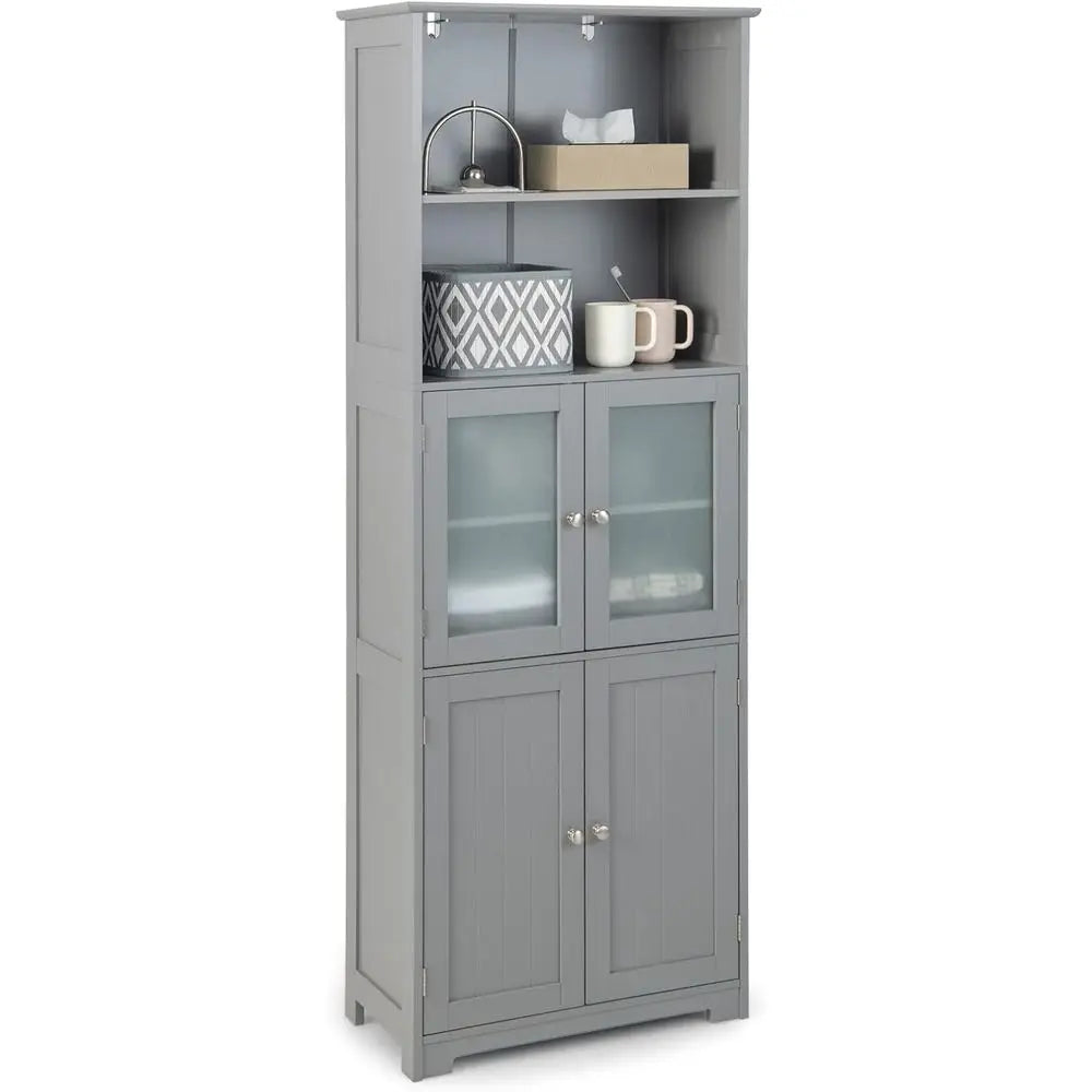 Tall Bathroom Storage Cabinet With Glass Doors And Shelves