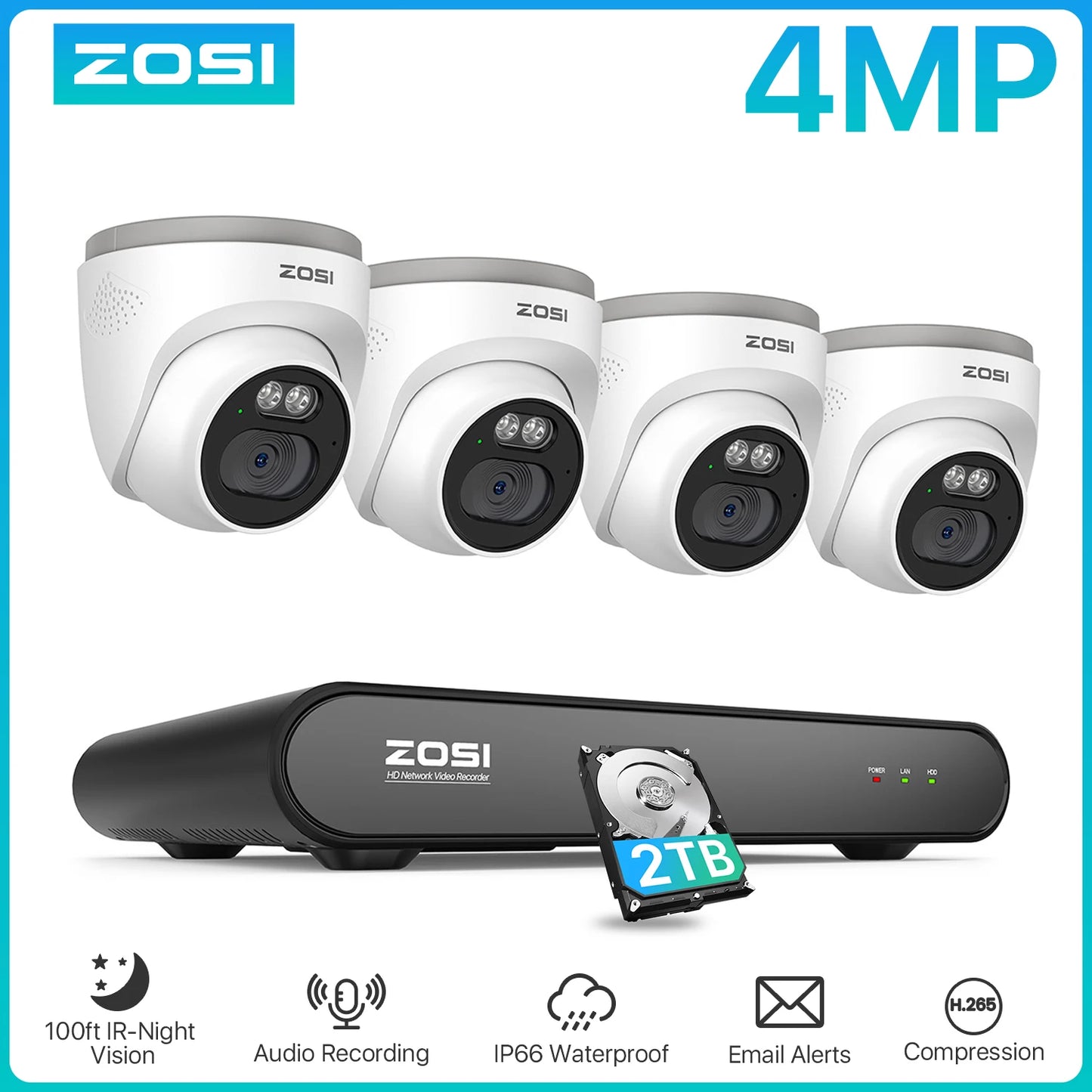 ZOSI 8CH 3K PoE Security Camera System NVR 4MP Outdoor Dome Kit