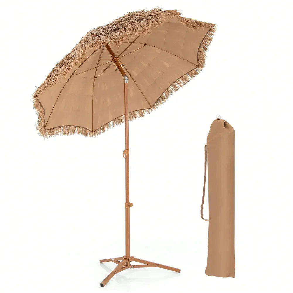 Thatched Tiki Umbrella With Foldable Stand Hawaiian Style Beach