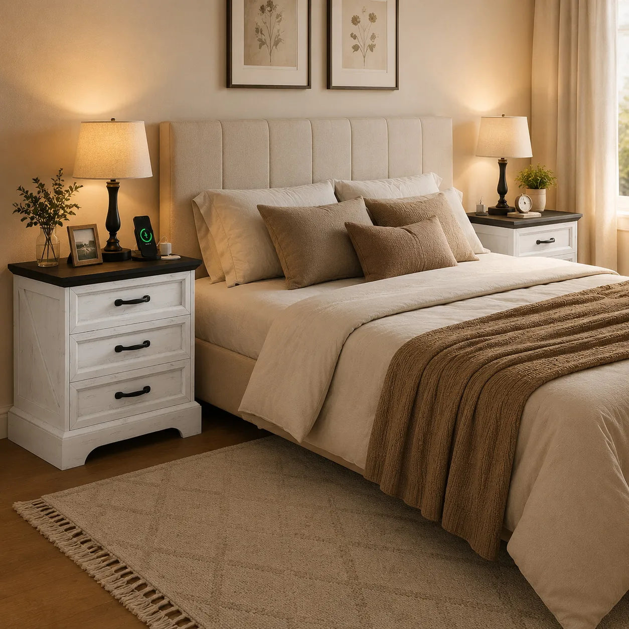 Modern Farmhouse Nightstand With Three Drawers And USB Charging