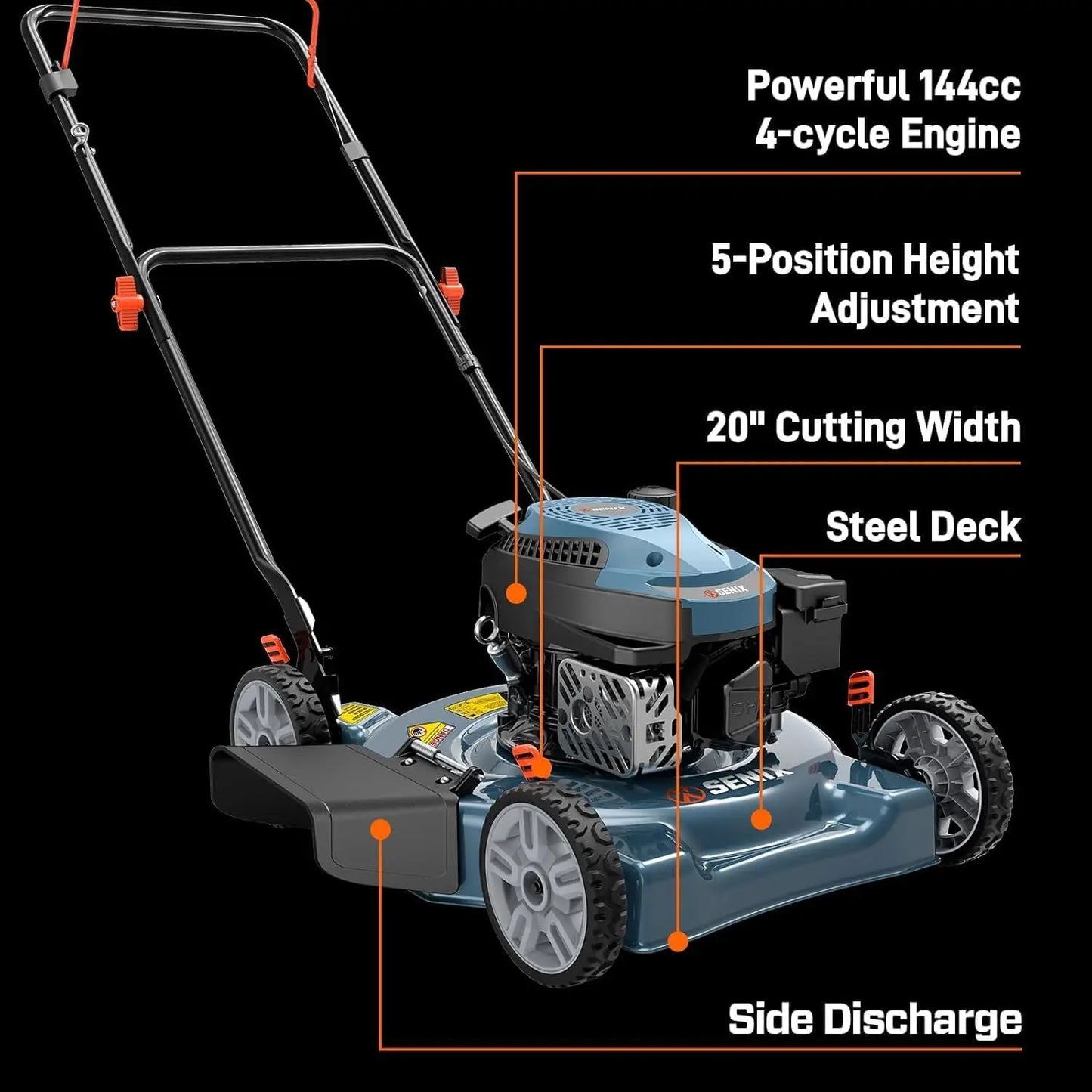 Gas Powered Lawn Mower With Side Discharge And Five Position Height Adjustment