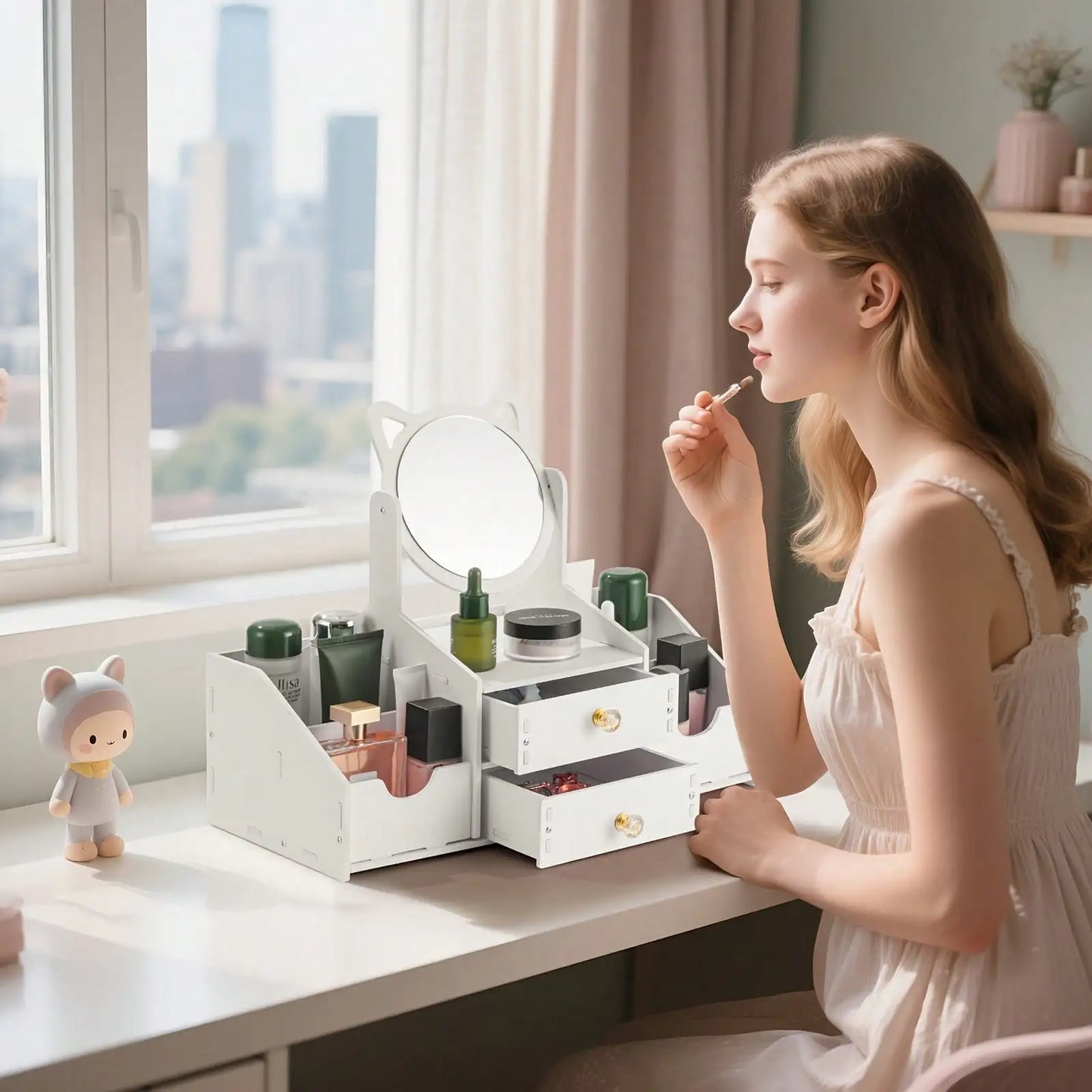 Mirror Makeup Organizer Plastic Storage Box For Vanity Bathroom
