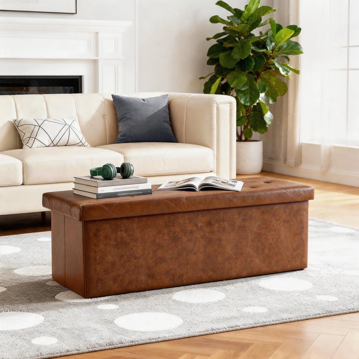 Tufted Faux Leather Storage Bench Ottoman With 400lb Capacity