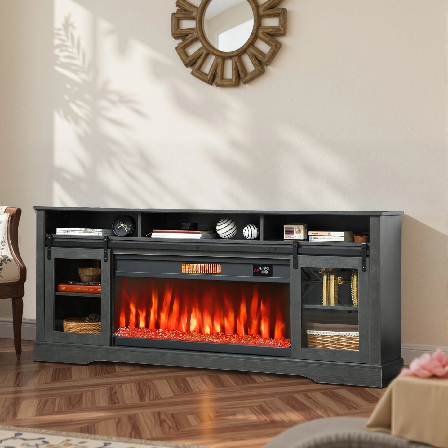 Modern Electric Fireplace TV Stand With LED Lighting Storage Cabinet