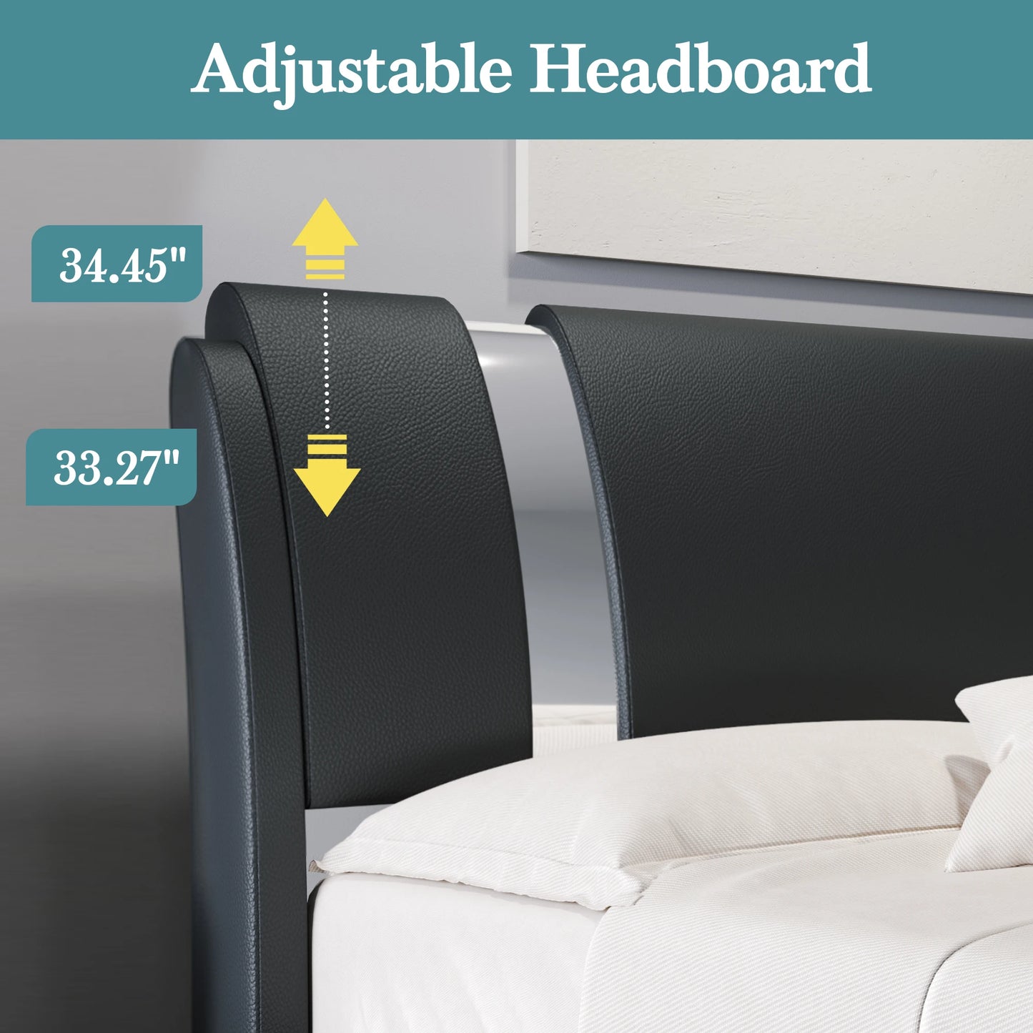HOOMIC Modern Faux Leather Platform Bed Frame With Height-Adjustable Headboard
