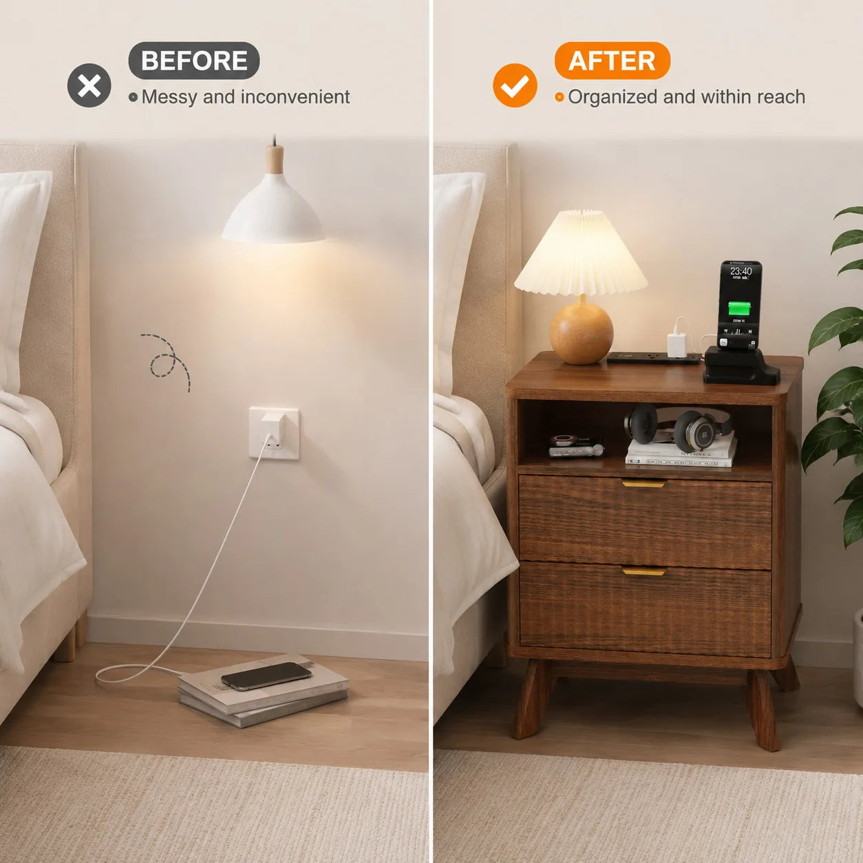 Modern Fluted Nightstand With Drawer And USB Charging