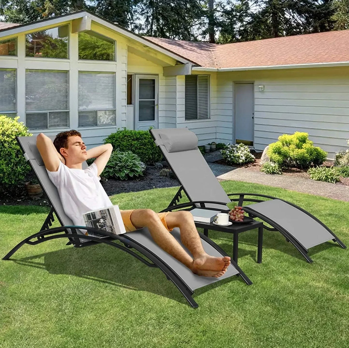Homfa Aluminum Outdoor Lounge Chair With 5 Adjustable Positions Table