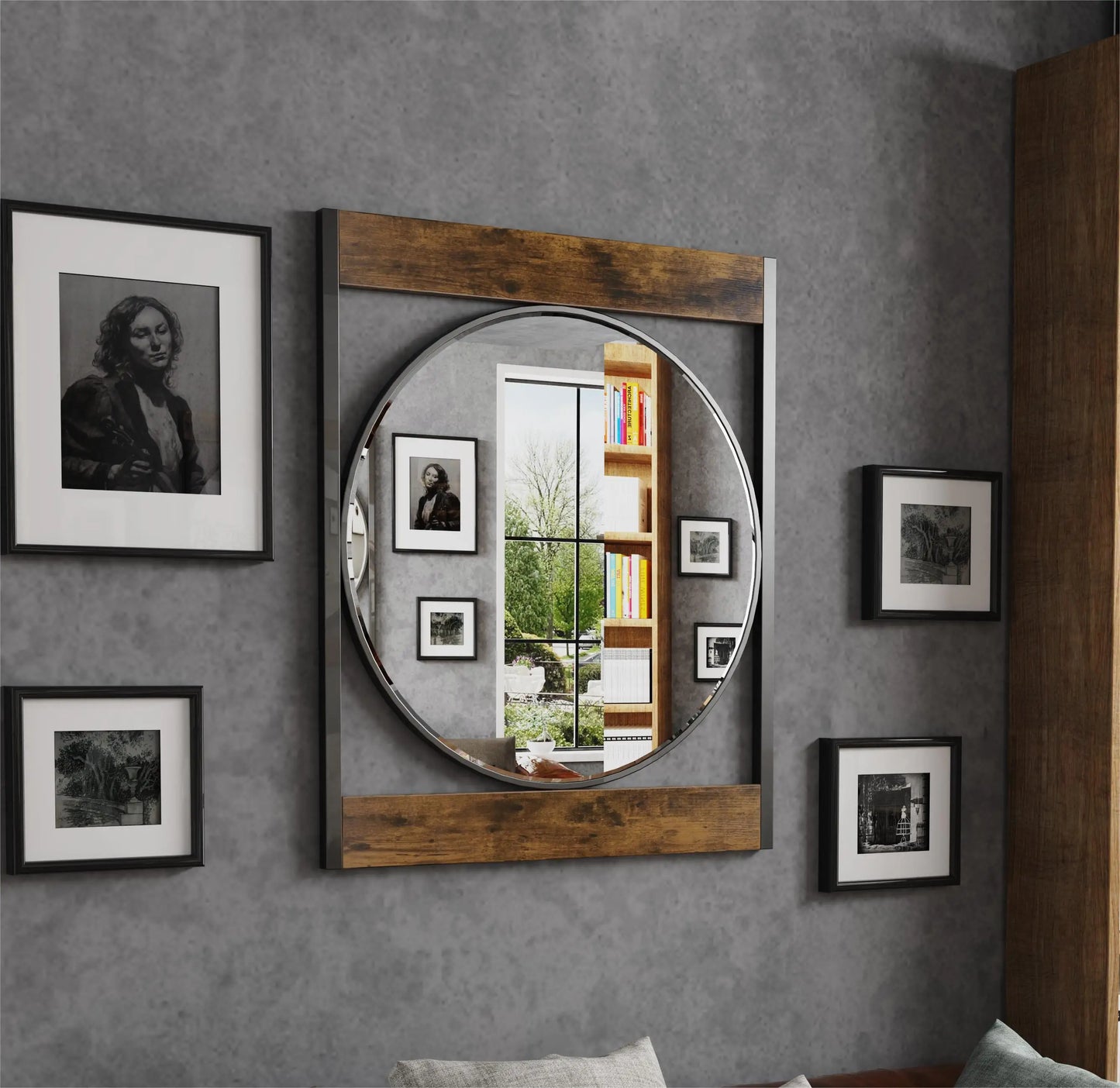 Industrial Metal Wood Frame Wall Mount Mirror For Bathroom And Living Room