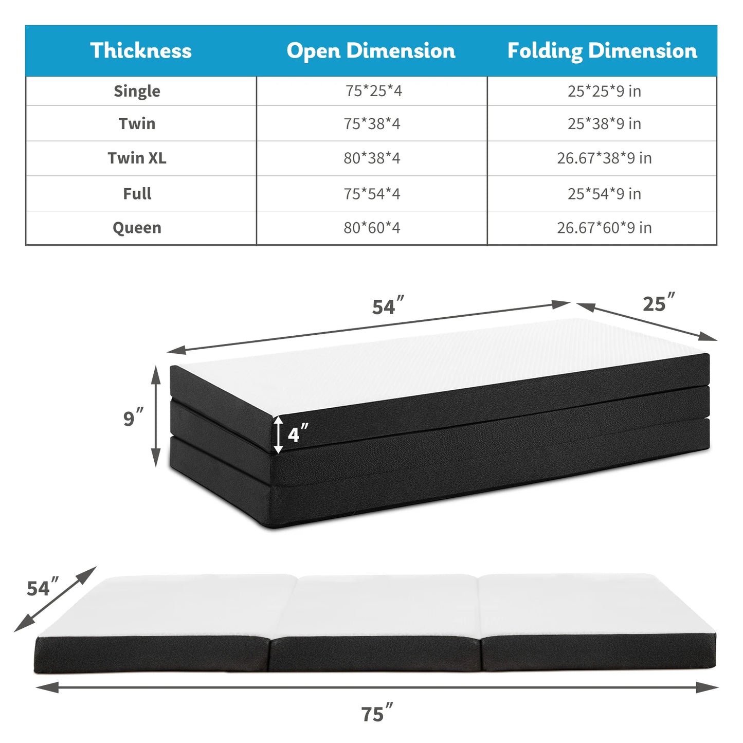 JHK Tri Fold Memory Foam Mattress Washable Cover CertiPURUS Certified