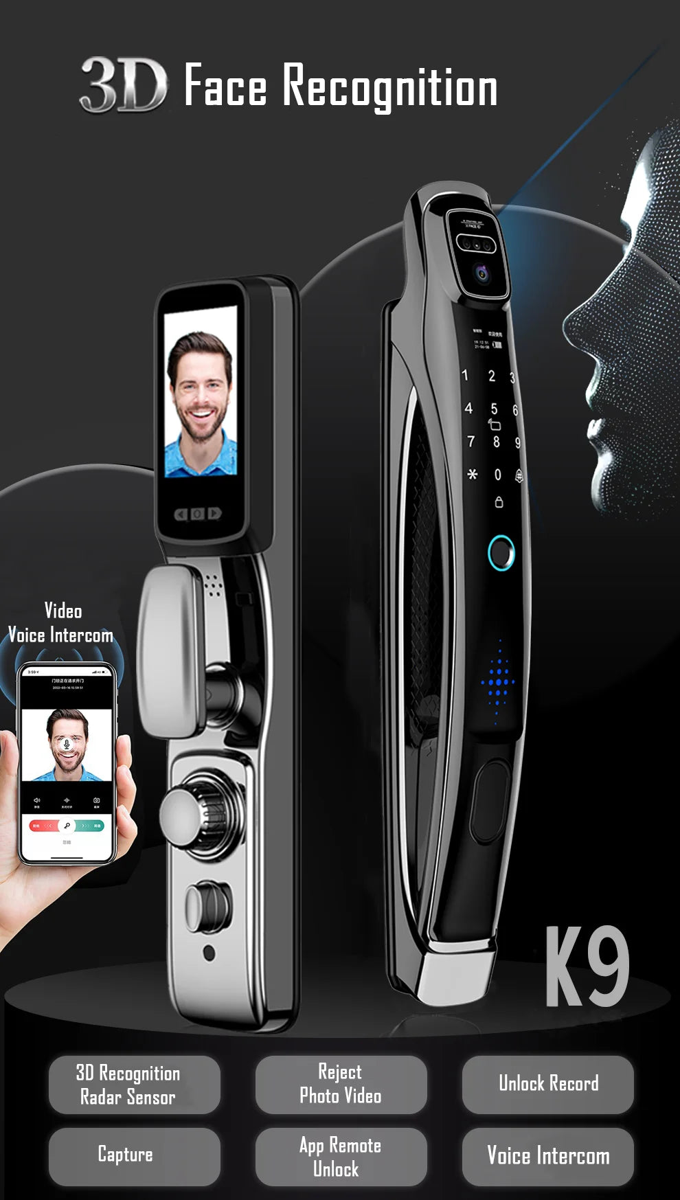 YKESDL WiFi Tuya Face Recognition Smart Door Lock With Camera