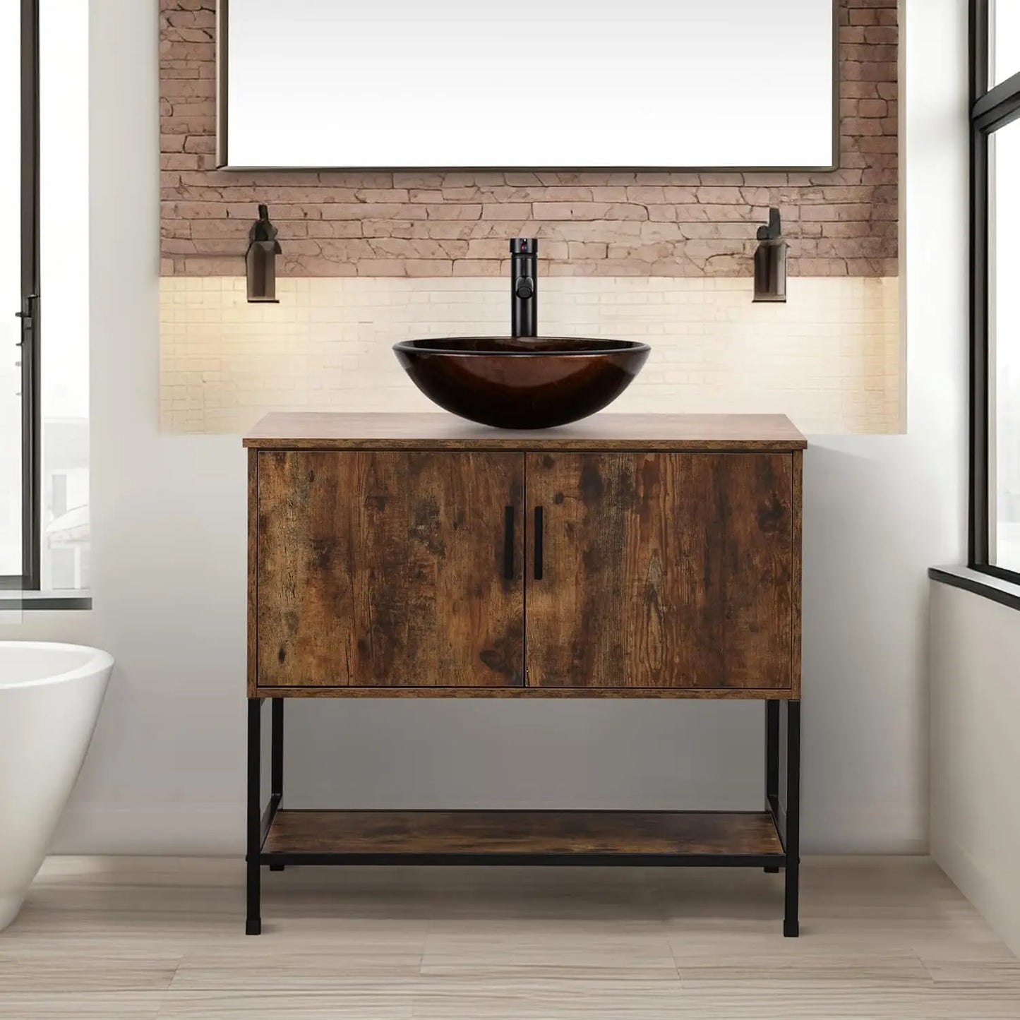 Rustic Industrial Bathroom Vanity With Sink Iron Frame Doors and Shelf