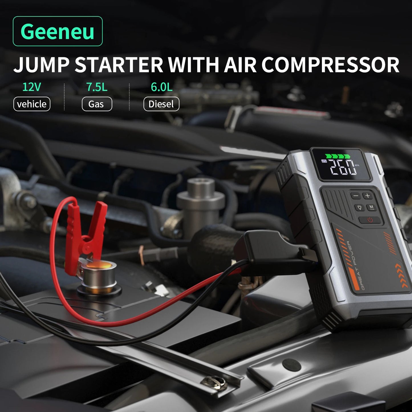 Geeneu 3000A Peak Portable Car Jump Starter With Air Compressor