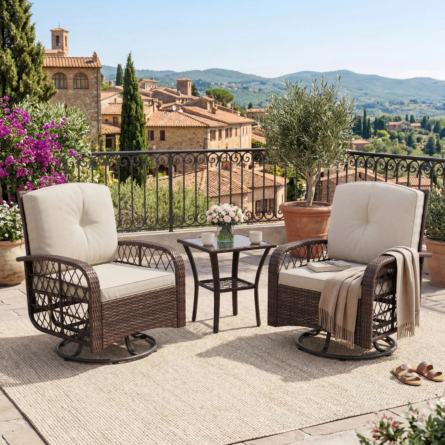HobbyLane Outdoor Wicker Conversation Set With Tempered Glass Table
