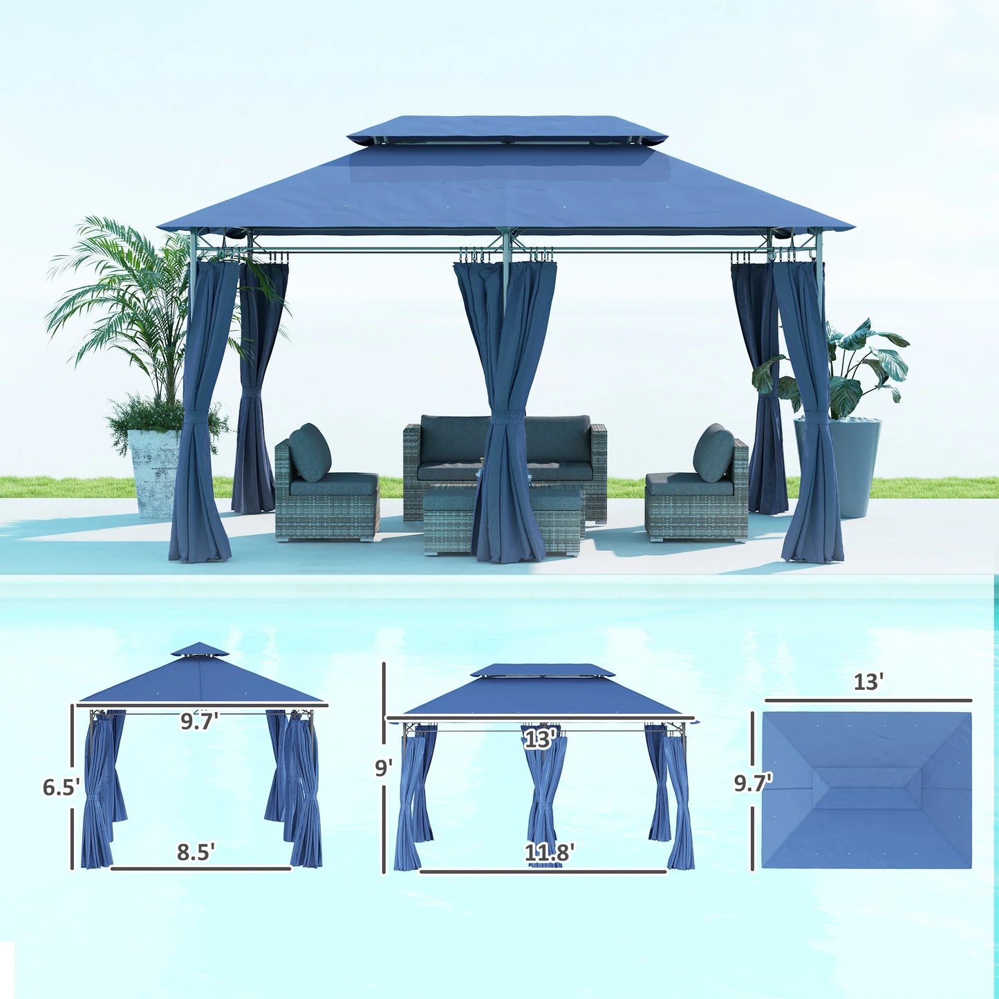 Outsunny Double Roof Patio Gazebo With Curtains Sidewalls