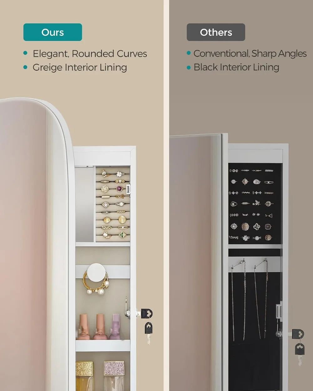 LED Jewelry Cabinet Mirror Wall Mount Lockable Storage Organizer