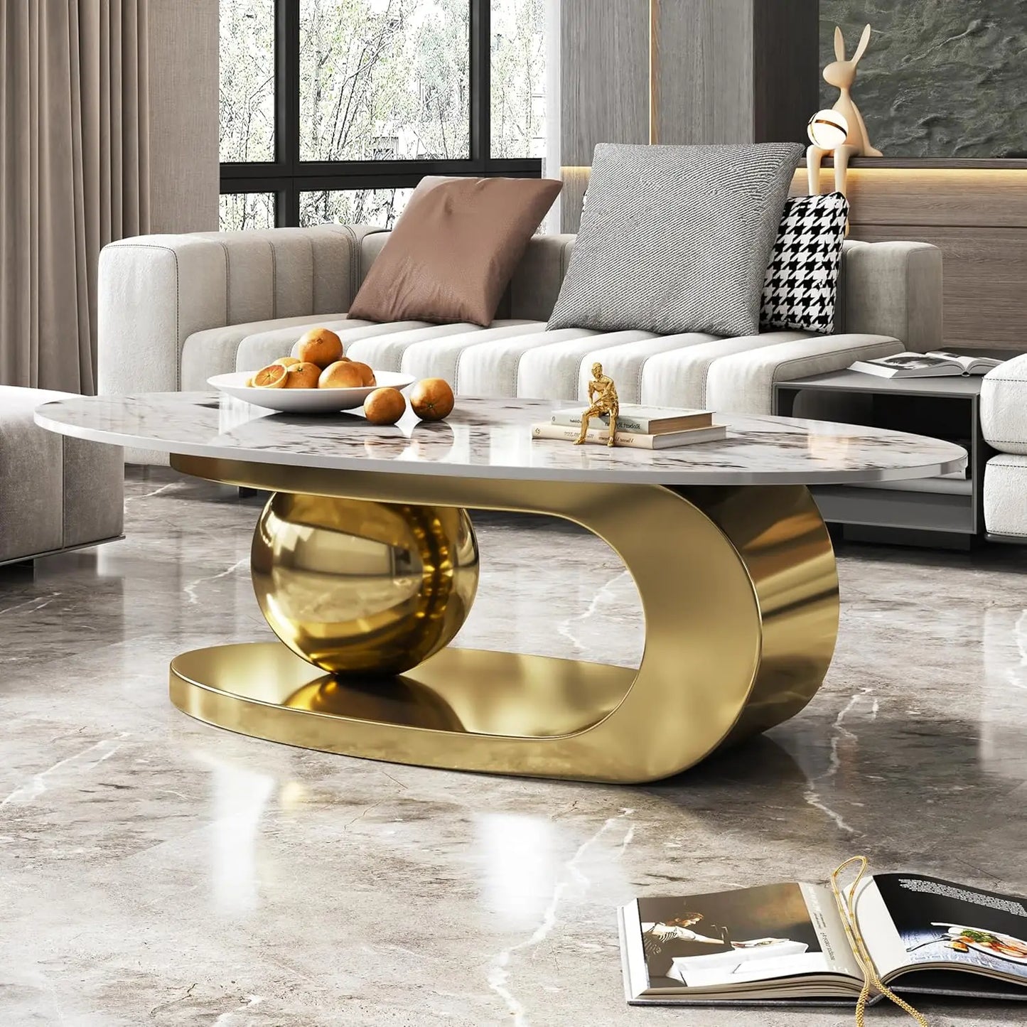 Modern Coffee Table Stainless Steel Pedestal And Faux Stone Top