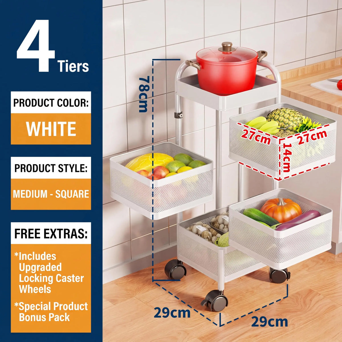 Studyset Rotating Kitchen Storage Cart With Wheels And Mesh Baskets