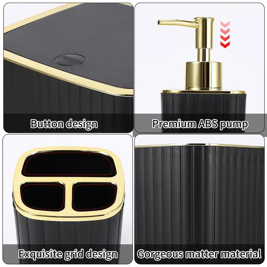 Bathroom Accessory Set With Toilet Brush Trash Can Qtip Holder Soap Dispenser