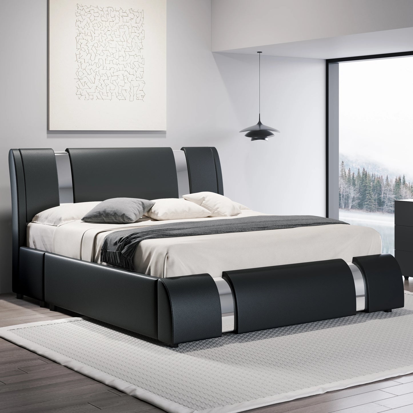 HOOMIC Modern Faux Leather Platform Bed Frame With Height-Adjustable Headboard