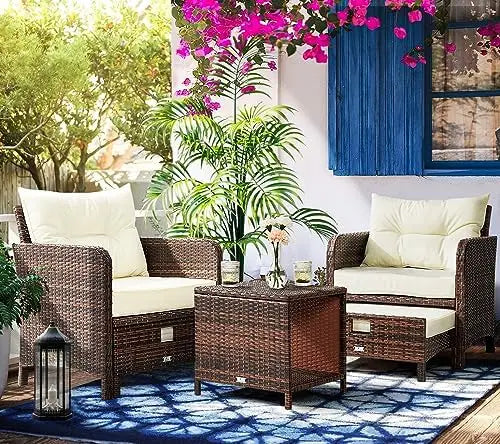 Outdoor Rattan Patio Furniture Set 5 Pieces With Ottomans And Coffee Table