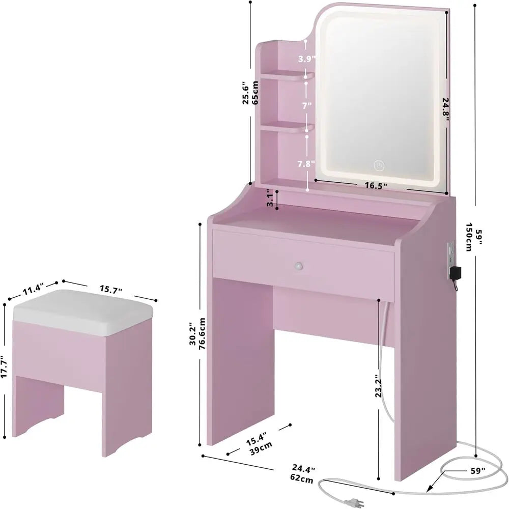 LIKIMIO Vanity Desk With Mirror And Lights Chair Storage Drawer