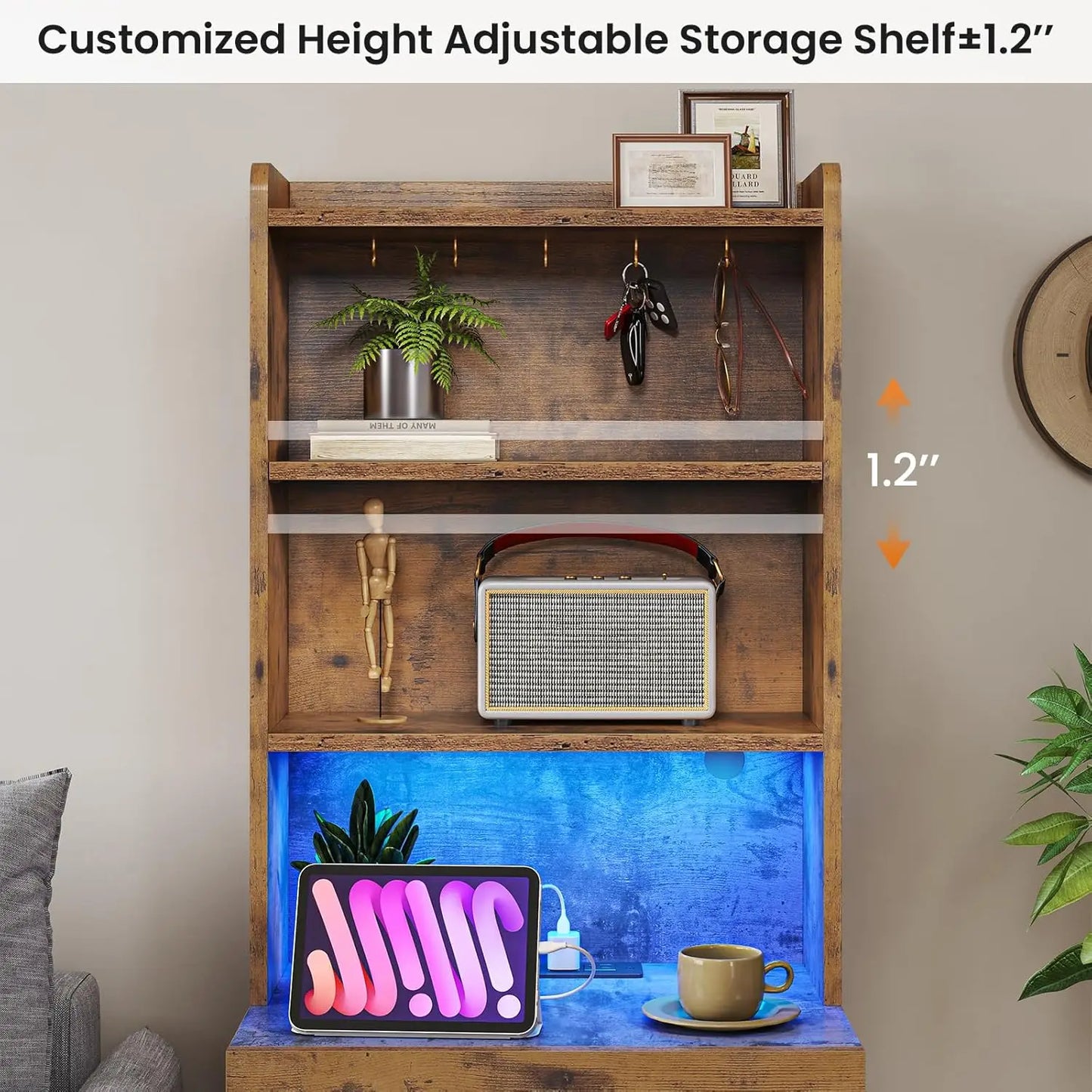 MOYU Nightstand With Charging Station And Led Lights