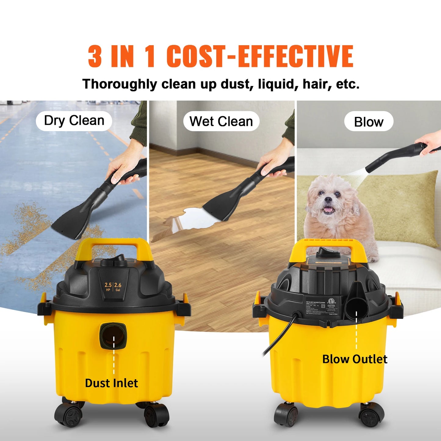Wet Dry Vacuum Portable Shop Vacuum 2.5 Peak HP Blowing