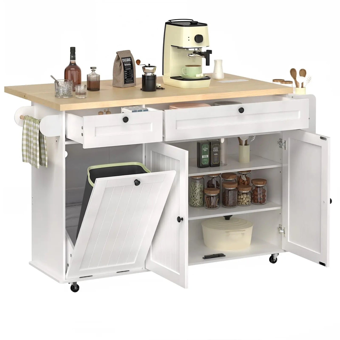 ONBRILL Mobile Kitchen Island with Power Outlet and Spice Rack