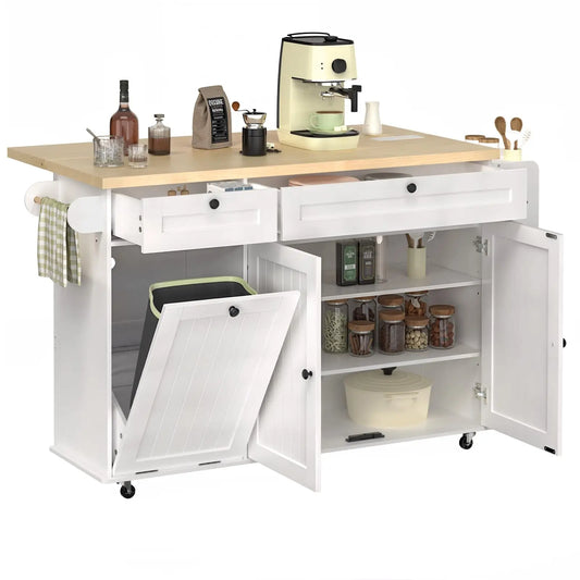 ONBRILL Mobile Kitchen Island with Power Outlet and Spice Rack